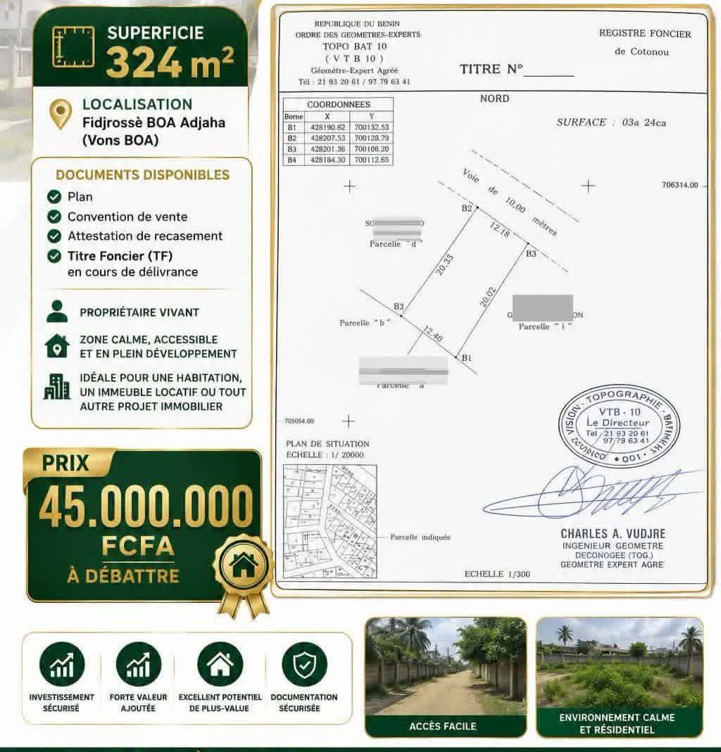 PARCELLE DÉJÀ LOTIE ET RECASÉE À VENDRE, BOA - Carrefour ADJAHA - FIDJROSSÈ
